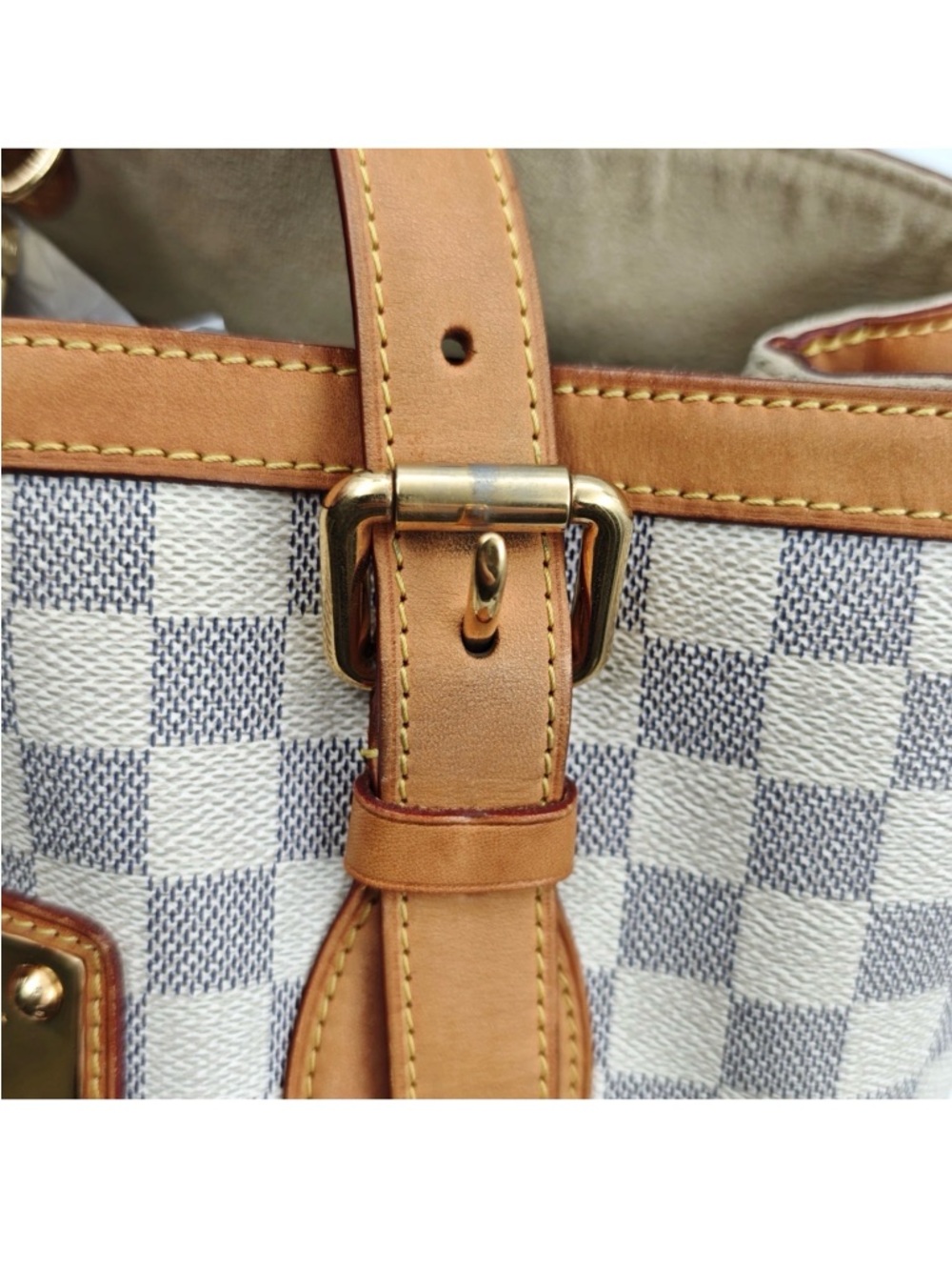 Louis Vuitton Damier Azur Check Canvas Tote with Tan Leather & Gold Hardware - Picture 5 of 14